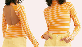 Free People Top XLarge 14 Orange Open Back Stripes Ribbed Mock Neck Stretch NWT - £32.86 GBP