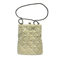 Vintage Cream Beaded Sparkle Evening Bag Yellow Satin Lining Made in Hong Kong - £27.96 GBP