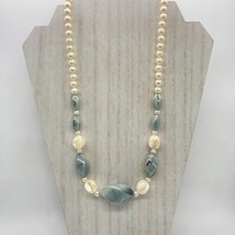 Vintage 24&quot; Necklace Faux Pearl Bluish Gray Swirl Beads Silver Tone Barr... - £6.18 GBP