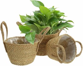 Yesland 3 Pack Seagrass Planter Basket with Handles, 10 Inches Flower Pots Cover - £11.91 GBP
