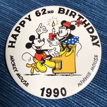 Disney Pinback Button 1990 Happy 62nd Birthday Mickey Minnie Mouse 890A - £9.16 GBP