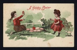 A HAPPY EASTER - GIRLS with EASTER EGGS in Pasture * message written on ... - $4.90