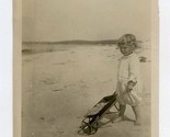 Barefoot Little Girl with Wheelbarrow Full of Sand B&amp;W Photo 1920&#39;s - $17.82