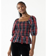 DRAPER JAMES RSVP Elbow Sleeve Smocked Peplum Top Red Multi Plaid NEW Small - £21.97 GBP