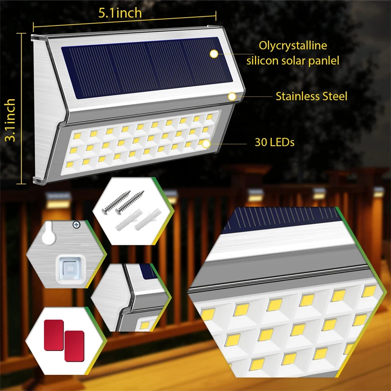 Solar Deck Lights with Larger Battery Capacity Stainless Steel Bright 30 LED Sol - £76.56 GBP