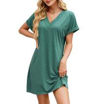 Spring and summer new solid color V-neck loose short-sleeved casual dres... - £5.09 GBP