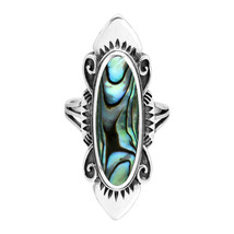 Vintage Inspired Long Oval Abalone Shell Inlaid Sterling Silver Ring-9 - £24.81 GBP