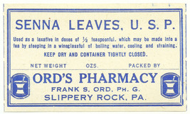 Vintage Pharmacy Label SENNA LEAVES, U.S.P. Ord&#39;s Pharmacy Slippery Rock PA - £20.71 GBP