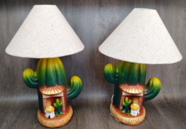 Pair Plaster Cactus Table Lamps South West Sombrero Siesta Unique 23&quot; Fo... - £185.98 GBP