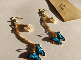 Blue and White Butterfly&#39;s gold tone handcrafted fashion earrings - £11.19 GBP