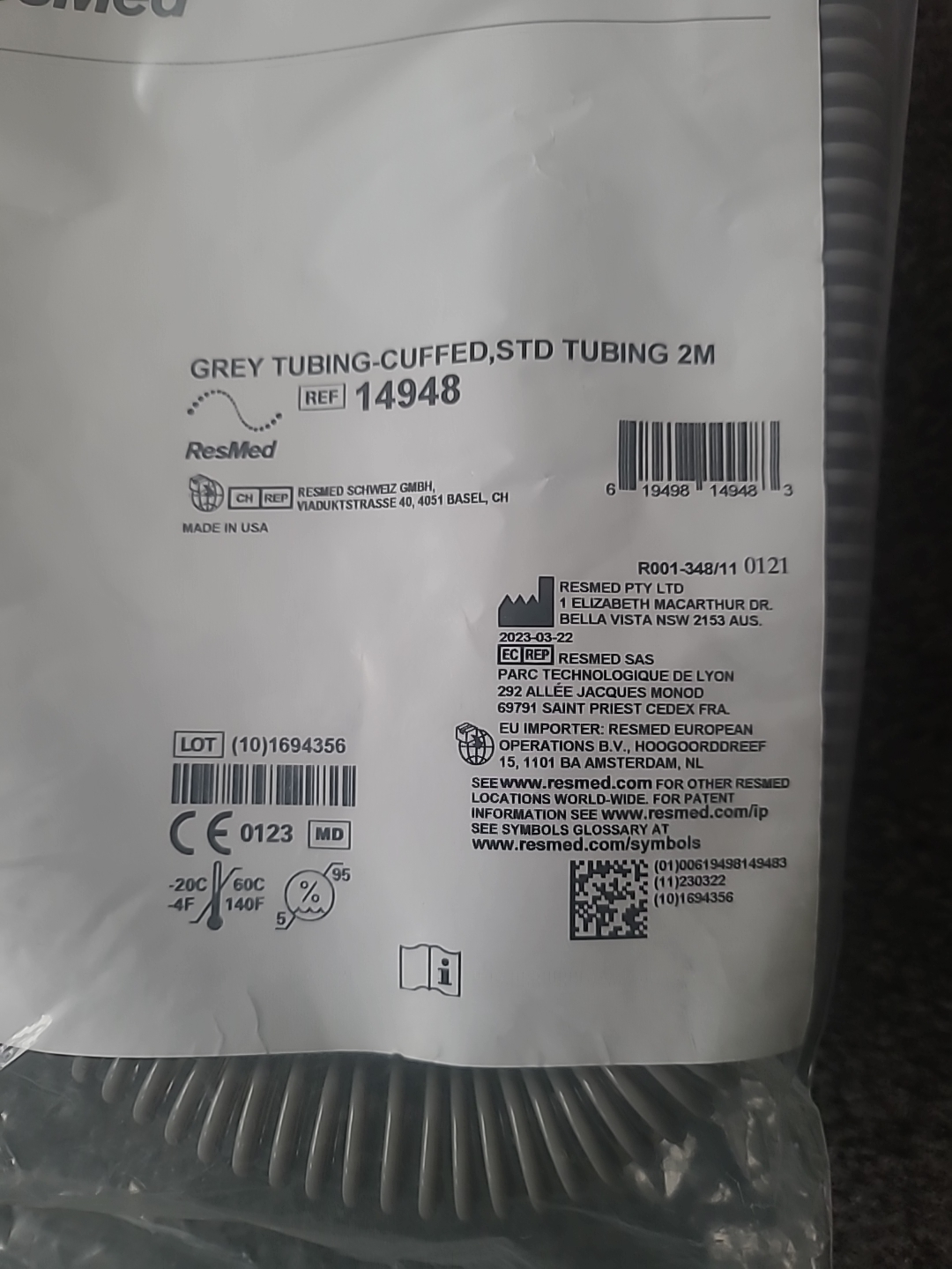 Resmed grey tubing cuffed 2 M 14948 home hospital surgery theater use - $49.00