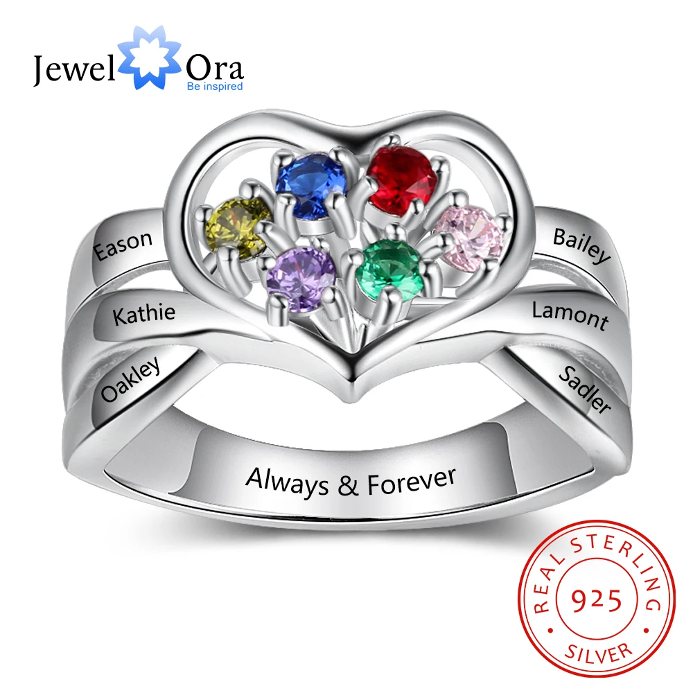JewelOra 925 Sterling Silver Engraved Name Ring with 6 Birthstones Personalized  - £41.95 GBP