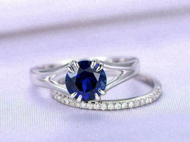 14k White Gold Finish 2Ct Round Cut Blue Sapphire &amp; Diamond Wedding Bridal Ring - £93.69 GBP