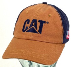 CAT Caterpillar Hat-Canvas-Brown/Blue-Hook &amp; Loop-Strapback-Embroidered-USA Flag - £10.45 GBP