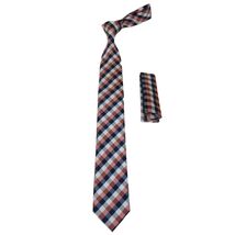 Mens Narrow Tie/Hankie Set Woven Vito Rofolo VTR-100 Rust Navy Checker image 2