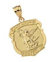 14K Yellow Gold Saint Michael Protect Us Shield Shaped Medal - £658.43 GBP