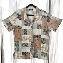 Vintage Stunt Blouse Woman Large Earth Tones Floral Animal Print 100% Silk Soft - $14.01