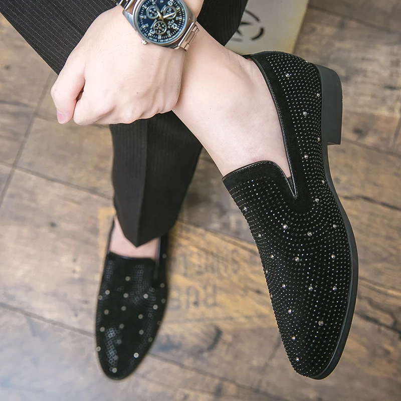 Black Rhinestone Men loafers Gold Spiked Rivets Formal Men Casual Shoes ... - $34.49
