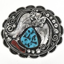 Vintage 1970s Navajo Turquoise Coral Belt Buckle LRG Old Pawn Sterling Silver - £561.07 GBP