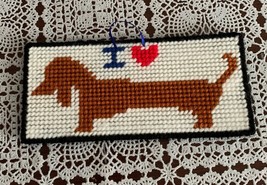 Handmade Needlepoint I Love Red DACHSHUND Doxie Sign 3 x 7 Inch Cute Bra... - $11.97