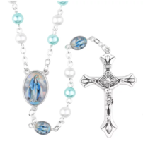 Mary Our Lady of Grace Centerpiece Rosary White Blue Imitation Pearl Catholic - £13.58 GBP