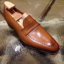 Handmade Leather Cognac Whole Cut Loafers for men Custom made men shoes - $170.99