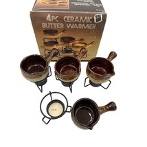 Set of 4 Ceramic Butter / Sauce Warmers Stoneware Vintage Stands and Candle - $24.72
