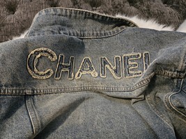 Authentic NEW! CHANEL Light Blue Acid Wash Denim Jacket distressed letters LRG - £1,087.56 GBP