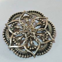 Antique Ornate Floral Filigree Pin Brooch Round  Intricate Design Metal ... - £57.87 GBP