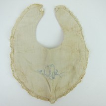 Antique Baby Bib Hand Embroidered Blue Birds Tree Branch Lace Trim Button Close - £7.86 GBP