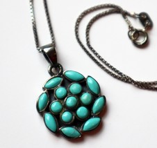 Vintage Sterling Silver Turquoise Stone Necklace Pendant Box Chain Southwestern - £46.51 GBP