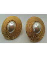 Signed Napier Vintage Large Gold-tone & Faux Pearl Oval Clip-on Earrings 1.1/4" - $23.27