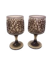 2 Vintage MCM Libbey Prado Stemmed Wine Glasses Scroll Embossed Tawny Brown - $22.00