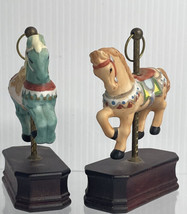 2 Small Carousel Horse Figurines / Ornaments On wood base￼ Green and tan￼ - £10.21 GBP