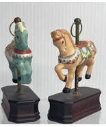 2 Small Carousel Horse Figurines / Ornaments On wood base￼ Green and tan￼ - £10.12 GBP