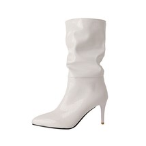 Crocodile Patent Leather Pleated Boots Women Sexy Thin High Heels Pointy Toe Whi - £61.00 GBP