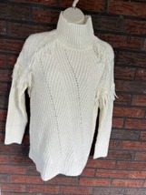Ivory Mock Neck Knit Sweater XS Fringe Shoulder Pullover Long Sleeve Car... - £13.45 GBP