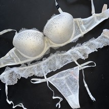 Victoria&#39;s Secret 36D Bra Set+Garter+L Thong White Lace Crystallized Bridal I Do - £135.88 GBP