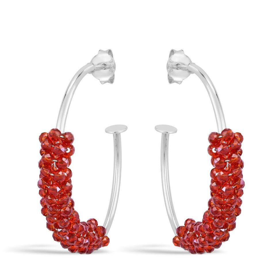 Primary image for Boho Sparkle Bright Red Crystal Beads on Sterling Silver Open Hoop Earrings