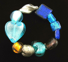 Cobalt Blue FOIL GLASS HEART BEAD  Brown Silvertone BRACELET Vintage Str... - $18.99