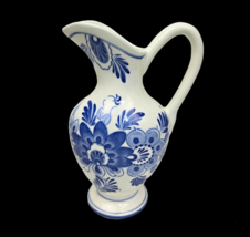 Pitcher Creamer Delft Style White &amp; Blue Floral Large 8&quot; Vintage - £12.78 GBP