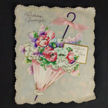 Vintage Birthday Card 3D Umbrella Flowers Mid Century Ephemera - £9.53 GBP