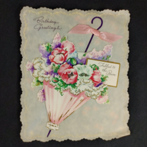 Vintage Birthday Card 3D Umbrella Flowers Mid Century Ephemera - $12.19