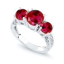 2.80 Ct Round Lab-Created Ruby 14K Gold Plated 3-Stone Engagement Promise Ring - £36.50 GBP
