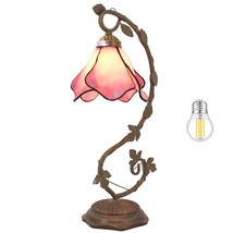 Tiffany Lamp Pink Stained Glass Table Lamp, Metal Leaf Table Desk Reading Light  - £156.57 GBP