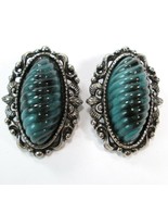 Ornate Oval Teal Faux Stone Earring Clip Silver Tone Turquoise  Chunky M... - £8.48 GBP