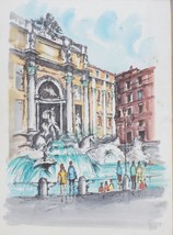 Vintage Acquarello Stampa Roma Piazza Fontana di Trevi con Cornice - £112.69 GBP