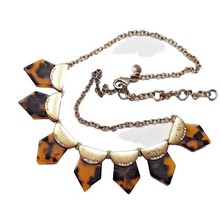 J CREW Faux Tortoise Rhinestone Gold Tone Rolo Chain Statement Necklace Brown  - £8.26 GBP