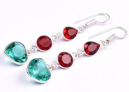 925 Sterling Silver Sapphire Gemstone Handmade Dangle Drop Earrings women Gift - £26.25 GBP+