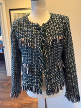 J.O.A. Green White Gold Boucle Short Jacket Fringe SZ L VGC - $1,086.97 MXN